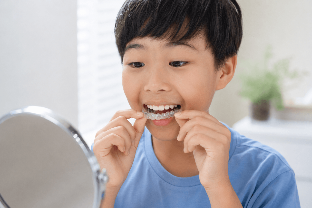 矯正装置を着けようとしている男子